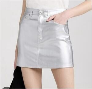 7 For All Mankind Metallic Faux Leather Mini Skirt WMNS M Silver Slim Fit Party